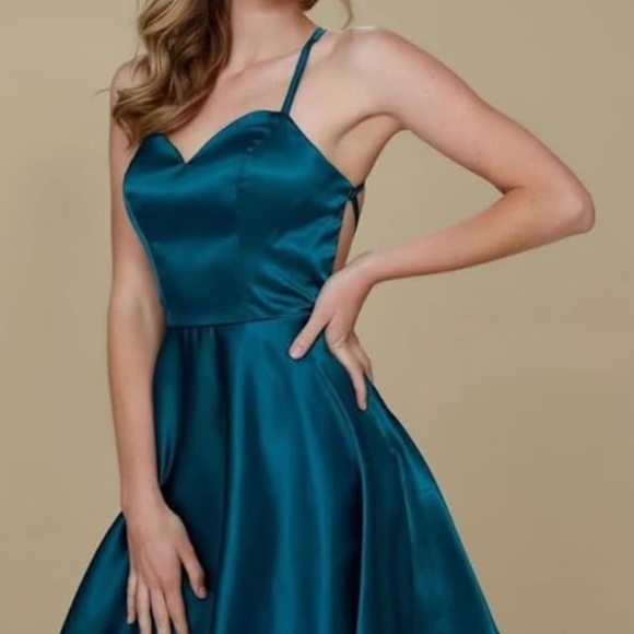 Women's Spaghetti Strap V-Neck Satin Mini Skater Dress - Picture 7 of 7